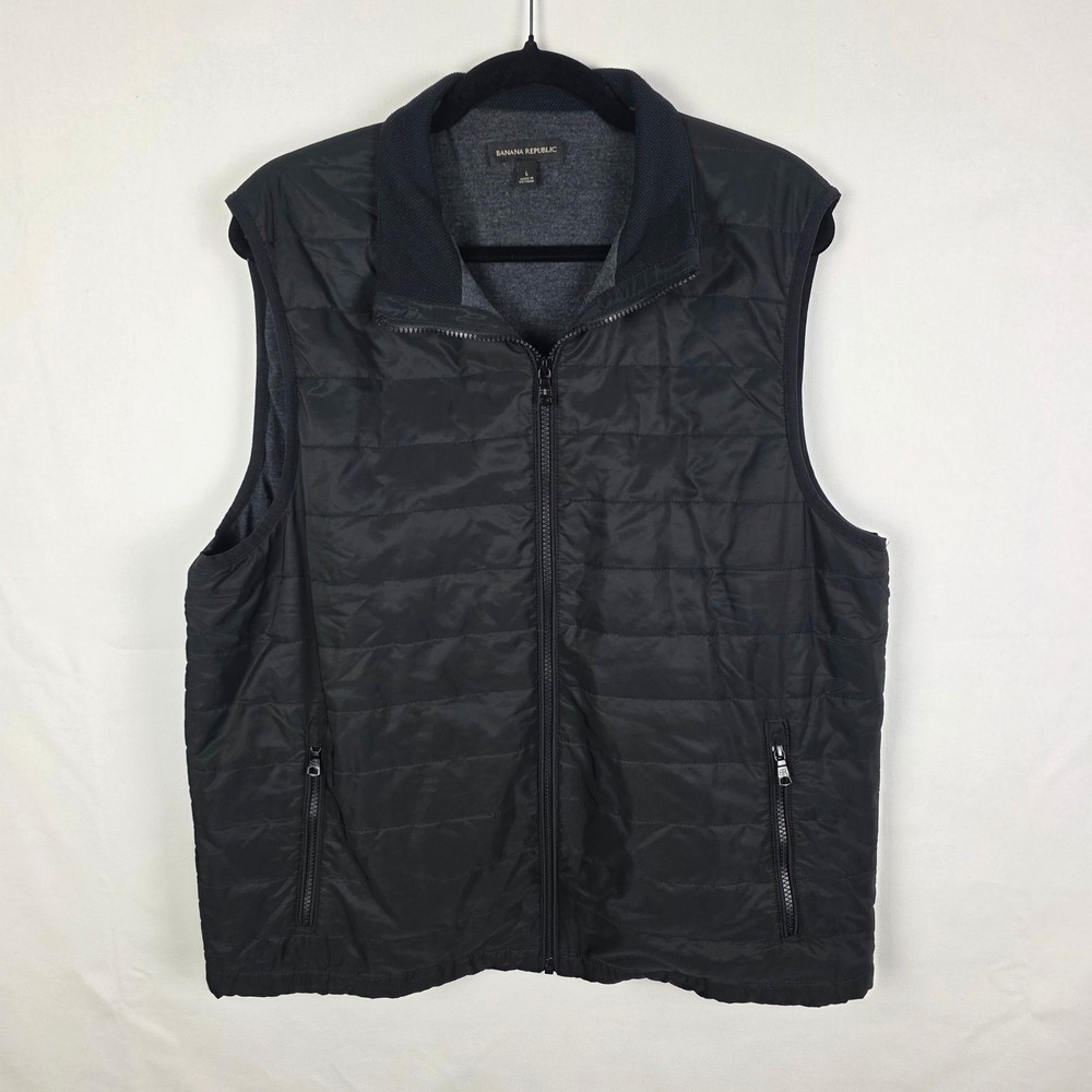 Banana Republic Mens Black Quilted Puffer Vest Full Zip Mock Neck Large